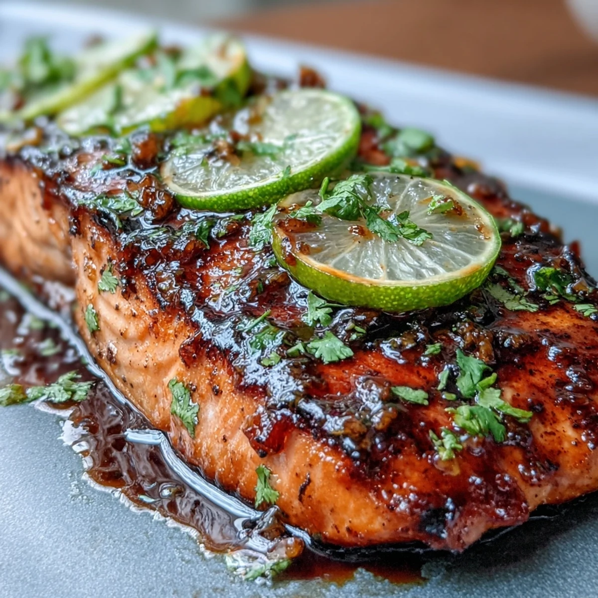 A close-up of the honey-lime garlic butter glaze on the salmon fillets.
