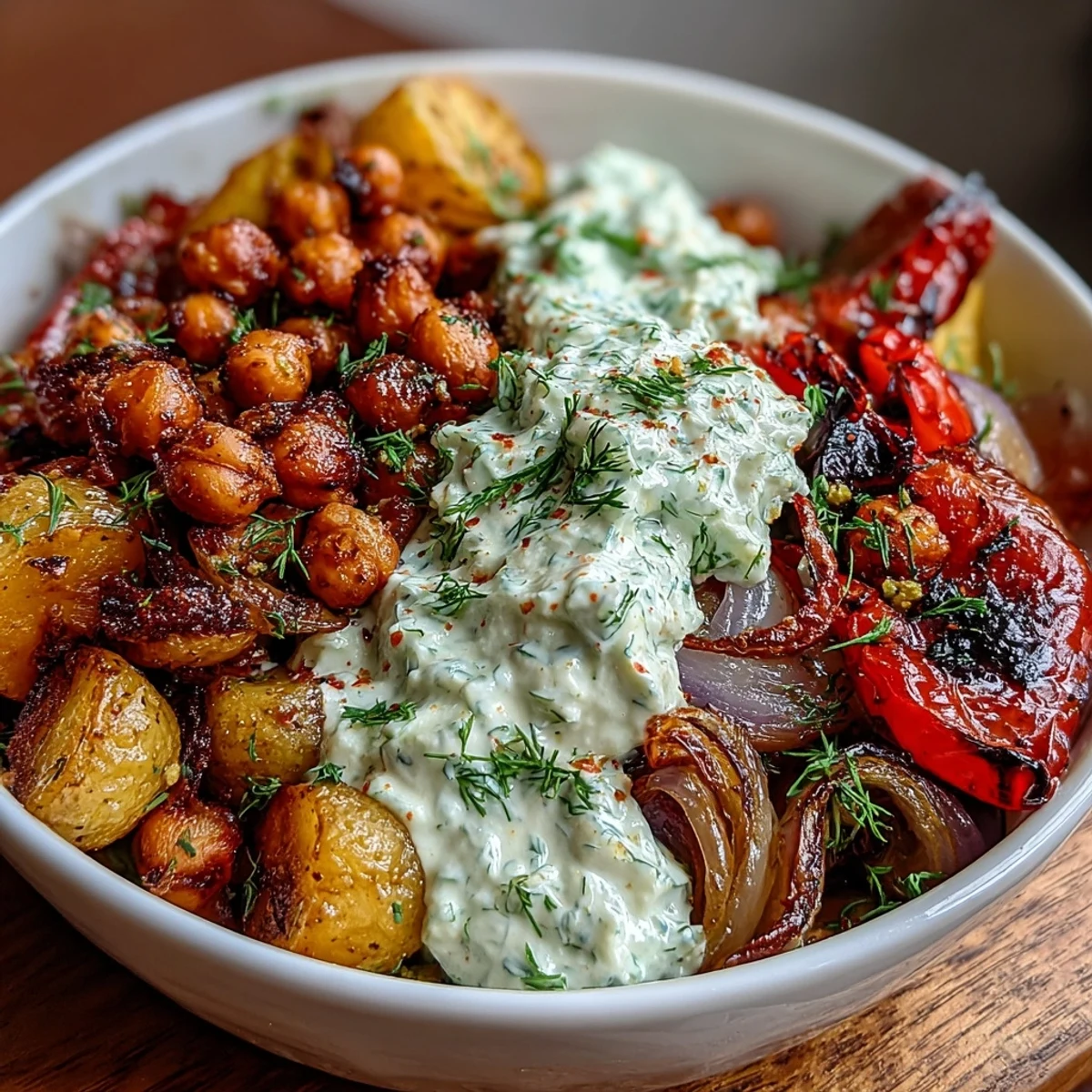 A colorful bowl of roasted Mediterranean vegetables and chickpeas drizzled with creamy tzatziki sauce.  