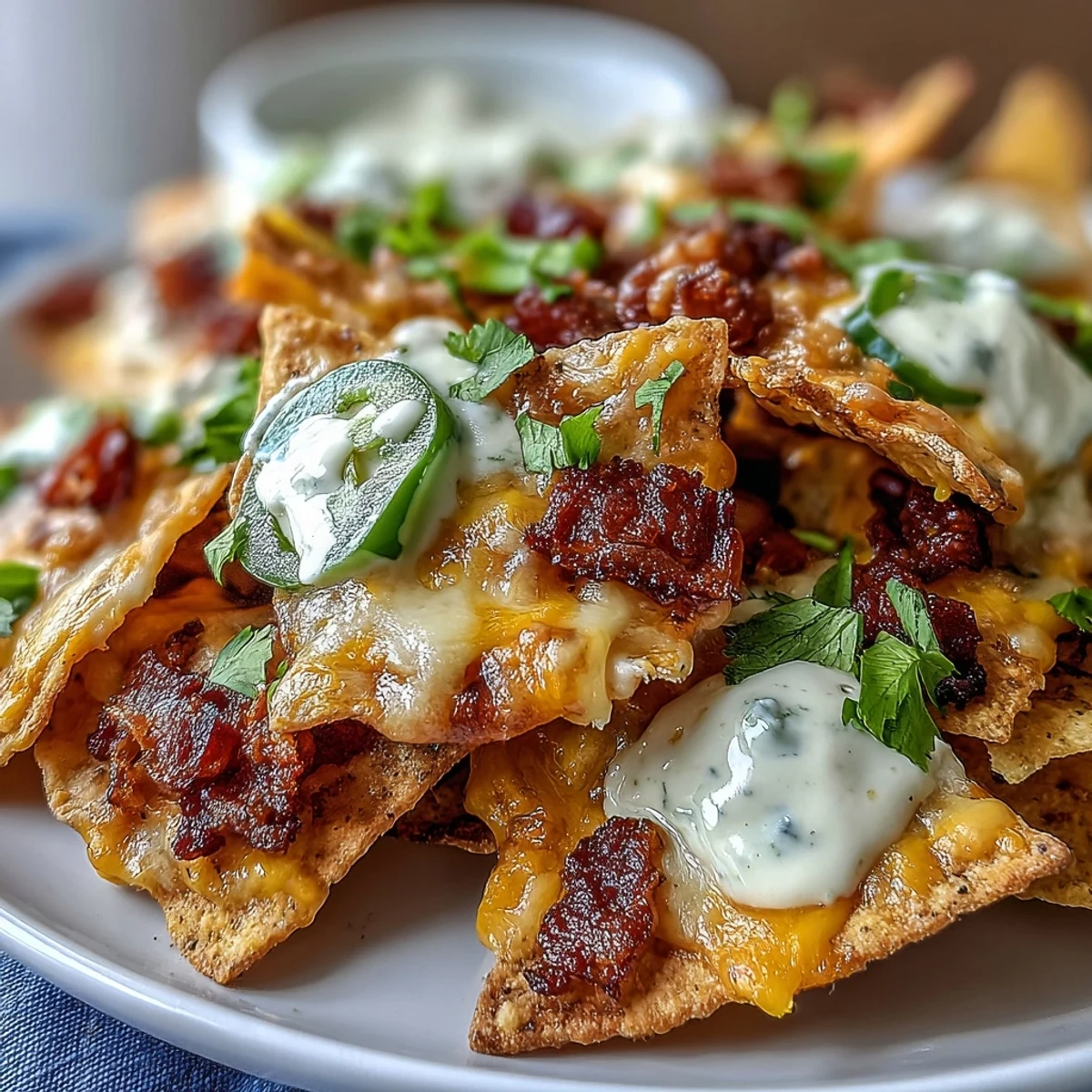 Crispy tortilla chips with creamy cheese sauce and fresh toppings
