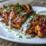 Sliced chicken shawarma with aromatic spices, drizzled with garlic sauce, and garnished with parsley.  