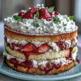 Naked Spring Cake with Strawberries and Cream, showcasing tender sponge layers and vibrant red berries.