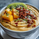 Enjoy this refreshing mango chili lime smoothie bowl, a healthy and colorful breakfast treat.