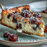 A rustic baked fresh cherry clafoutis sprinkled with powdered sugar.