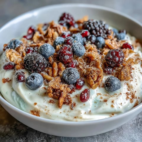 Creamy probiotic yogurt topped with vibrant winter berries and spiced crunch in a nourishing breakfast bowl.  