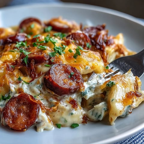 Golden brown kielbasa and melted cheddar cheese top this bubbling Crockpot Pierogi Casserole With Kielbasa, ready to serve.