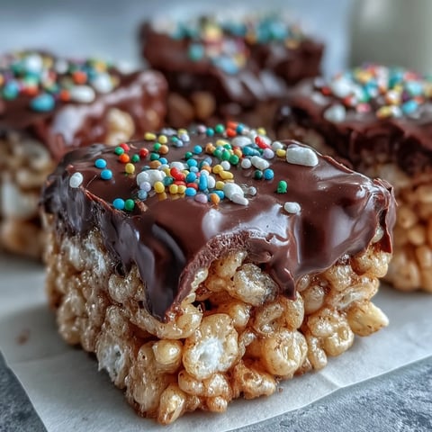 Chocolate Covered Rice Krispy Treats with gooey marshmallow and a shiny dark chocolate topping, finished with rainbow sprinkles.