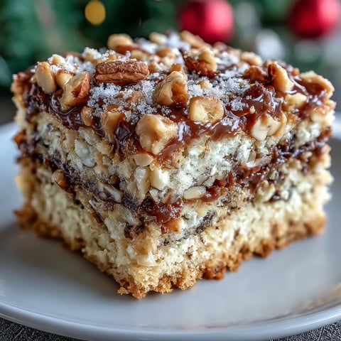 A slice of homemade Christmas Toffee Crunch Cake showcases a tender crumb with visible toffee bits and chopped pecans.