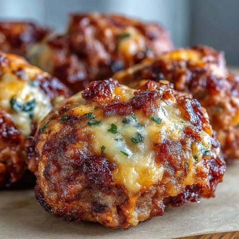 Golden-brown Rotel Sausage Balls fresh from the oven, featuring melted cheddar and specks of green chilies on a rustic wooden platter.
