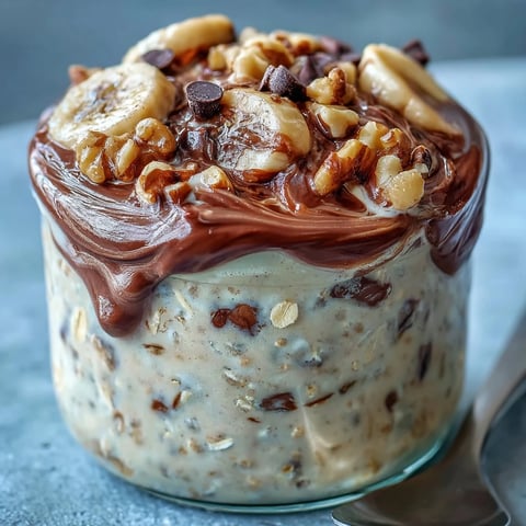 Two jars of Chunky Monkey Protein Overnight Oats, layered with banana slices, chocolate chips, and crushed walnuts.