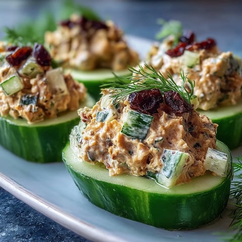 Fresh cucumber boats filled with zesty vegan chickpea tuna salad, a protein-packed plant-based appetizer or light lunch.