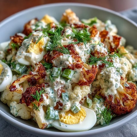Creamy keto cauliflower potato salad with dill pickles, eggs, and roasted cauliflower in tangy dressing.  