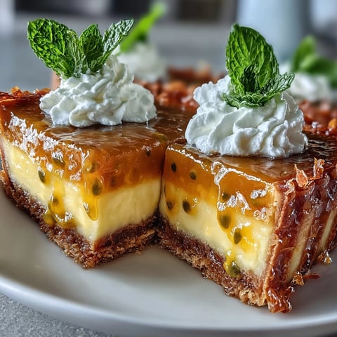 Tangy passionfruit curd tart with buttery phyllo crust, whipped cream, and fresh mint garnish.  
