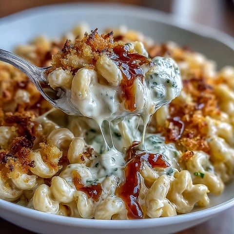 Creamy macaroni and cheese baked with four cheeses, finished with shaved black truffle and truffle oil for an indulgent gourmet dish.