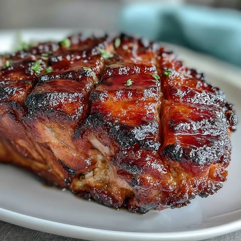Succulent baked ham glazed with black currant jam and Dijon mustard, perfect for festive gatherings and holiday dinners.  