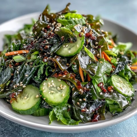 Seaweed & Nori Crunchy Salad with sesame seeds and ginger-soy dressing in a bowl.