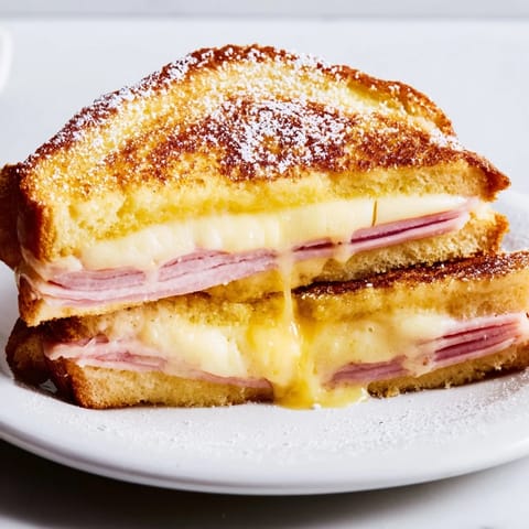 This delicious Monte Cristo sandwich features layers of ham, cheese, and a sweet dusting of sugar.