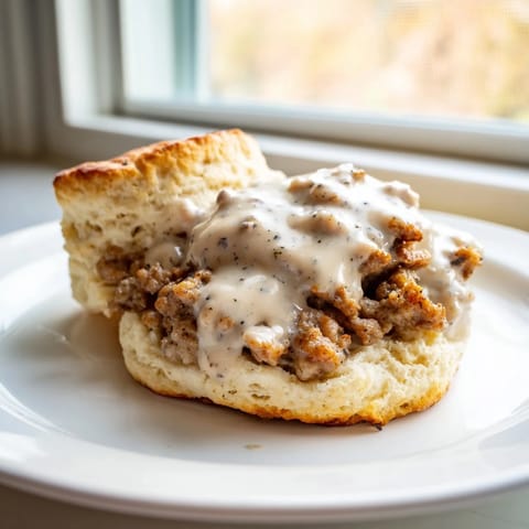 Creamy, peppery sausage gravy blankets freshly baked biscuits in this Biscuits and Gravy photo.