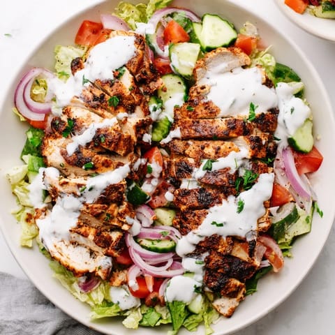Golden, spiced chicken slices rest on colorful mixed greens with diced veggies and a creamy yogurt drizzle.  
