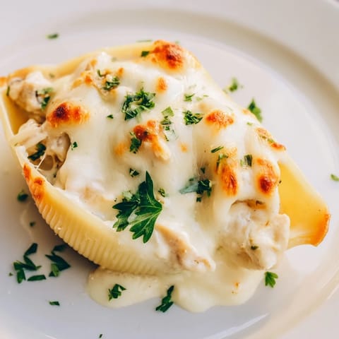 Tender jumbo pasta shells stuffed with savory chicken and ricotta mixture, ready to serve alongside a crisp green salad and garlic bread.