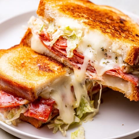 Two grilled Italian Sub Grilled Cheese sandwiches sit on a white plate, steam rising from the melted provolone and savory meats between toasted bread.  
