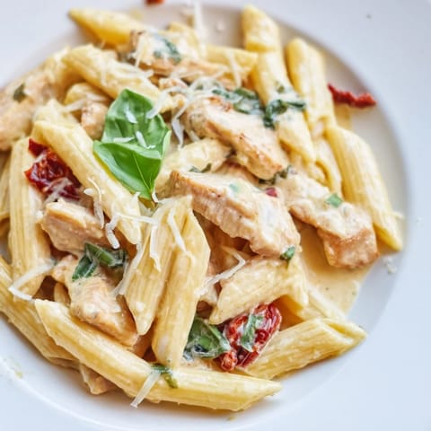 Tender chicken and sun-dried tomatoes swirl through creamy penne pasta in this Italian-American dish, garnished with fresh basil and Parmesan.