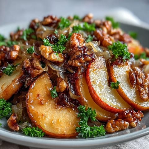 Warm Apple and Sauerkraut Skillet Salad with golden caramelized apples and onions glistening in a rustic cast iron pan.