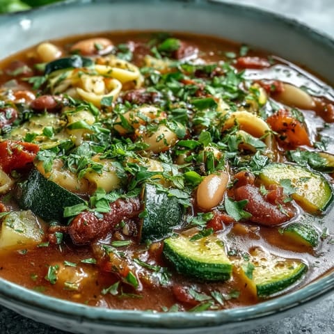 A rustic pot of Minestrone Soup simmering on the stove, brimming with colorful vegetables like carrots, zucchini, and green beans.