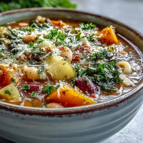 Winter Minestrone Soup filled with tender butternut squash, kale, and white beans, ready to be topped with grated Parmesan cheese.