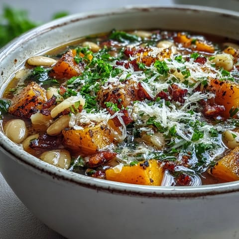 Close-up view of Fall Minestrone featuring creamy white beans, ditalini pasta, and savory pancetta in a rich broth.  