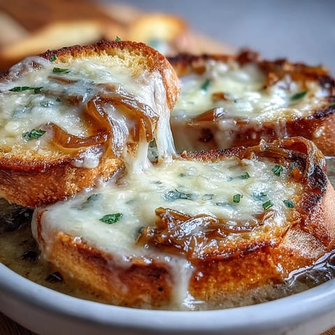 Deeply caramelized onions and rich beef broth fill this Dutch Oven French Onion Soup, ready to serve.