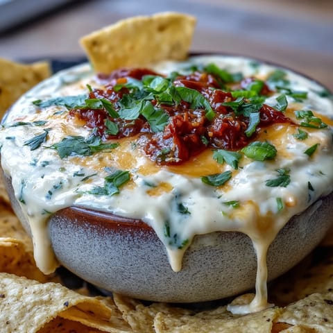 Bubbling, velvety Queso Dip is served in a rustic bowl with crisp tortilla chips, perfect for a Super Bowl party or game day appetizer spread.