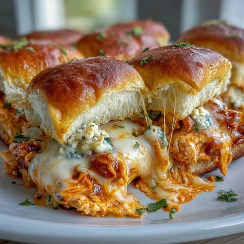 Warm, gooey sliders split open to reveal a zesty Buffalo chicken pizza dip filling, perfect for a game day snack or party appetizer.
