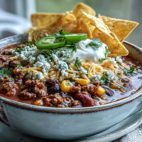 Hearty Taco Soup simmering in a rustic pot, topped with shredded cheddar, sour cream, and sliced jalapeños for a cozy family dinner.