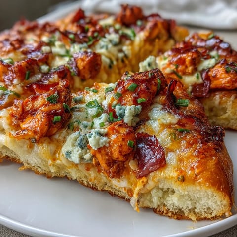 A bubbling Buffalo Chicken Pizza topped with creamy ranch, blue cheese crumbles, and fresh chives on a marble counter.