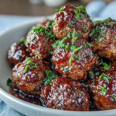 Glossy Slow Cooker Peach Glazed Meatballs are piled high in a serving dish, garnished with fresh parsley and ready to be enjoyed as a party appetizer.