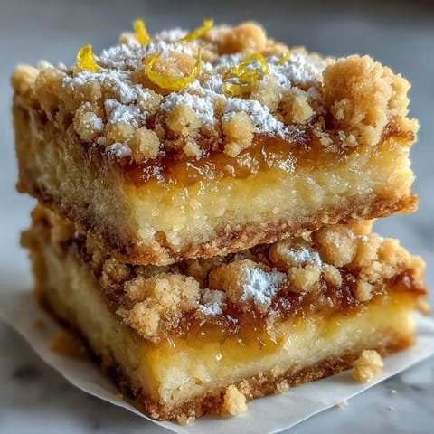 Sliced Homemade Lemon Crumb Bars revealing bright yellow lemon filling and buttery crumb layers on a marble board.