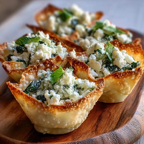 Freshly baked Mediterranean Spinach and Feta Cheese Crisps on a wire rack, showcasing creamy feta, wilted spinach, and lemon zest in crunchy wonton cups. 