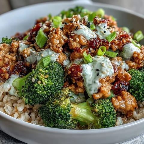 A close-up of Sweet and Spicy Turkey Broccoli Bowls shows fluffy brown rice topped with saucy turkey, sesame seeds, and vibrant green broccoli florets.