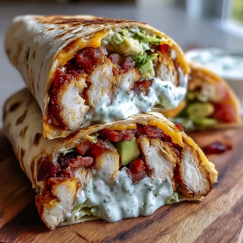 Sliced diagonal Crispy Chicken Bacon Wrap shows creamy avocado and fresh lettuce on a plate.