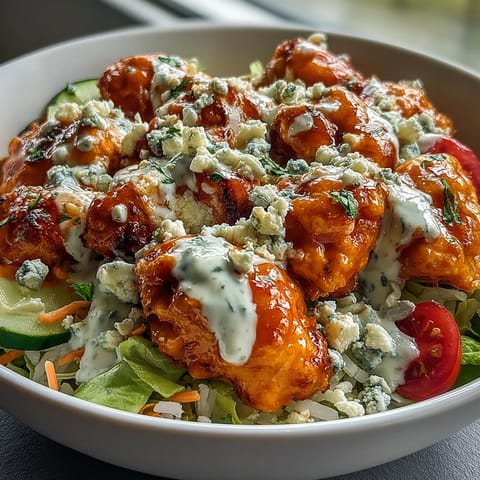 Golden-brown Buffalo Chicken Bowl with rice, crisp lettuce, and shredded carrots, topped with creamy ranch and blue cheese crumbles.