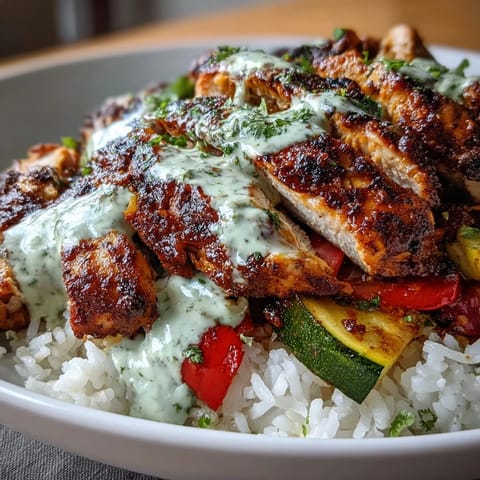 Golden-brown blackened chicken breast slices rest atop fluffy white rice with colorful sautéed bell peppers and zucchini.