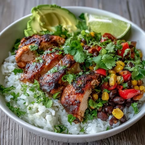 A close-up view of a Cajun Chicken Bowl garnished with cilantro and lime wedges, showcasing juicy chicken nestled in colorful vegetables.