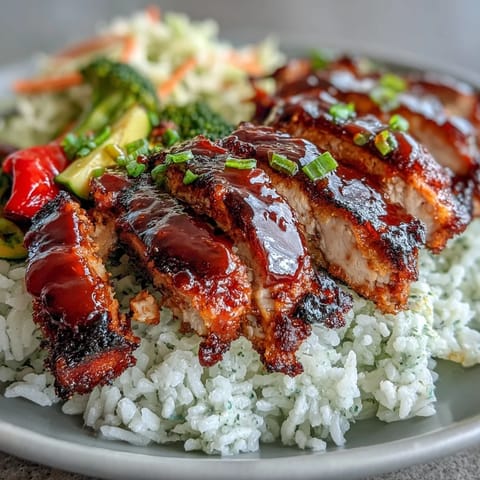 Golden BBQ-glazed chicken slices rest on fluffy white rice with crunchy coleslaw and roasted vegetables.