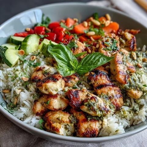 A vibrant serving of Pesto Chicken Bowl over fluffy rice, topped with spinach, cucumbers, and red onions for a nutritious meal.