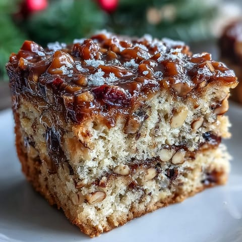 A frosted Christmas Toffee Crunch Cake, adorned with caramel drizzle and holiday sprinkles, is ready to slice on a festive table.