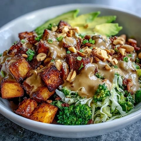 Colorful Thai Peanut Sweet Potato Buddha Bowl with avocado, broccoli, and a rich, tangy peanut dressing for dinner.