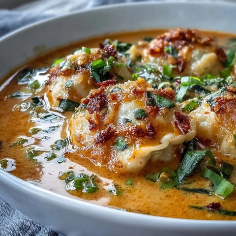 A steaming bowl of Quick Coconut Curry Soup with Dumplings, garnished with chili oil and crunchy garlic for spicy texture.
