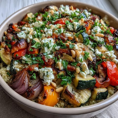 Golden-brown Roasted Veggie & Feta Couscous Bake fresh from the oven, topped with crumbled feta and fresh parsley.