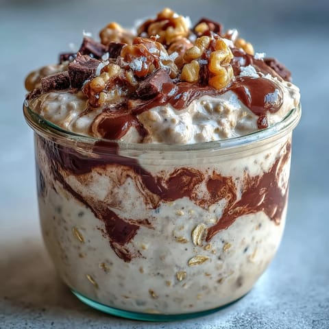 A spoon lifting a creamy scoop of Chunky Monkey Protein Overnight Oats, revealing rich chocolate and peanut butter swirls.