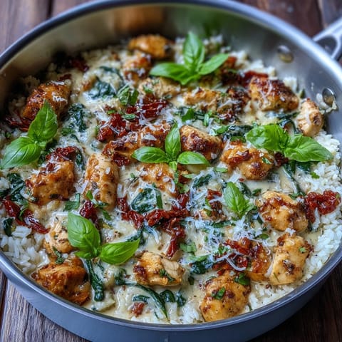 Golden seared chicken, fluffy rice, and vibrant spinach in a creamy garlic-Parmesan Tuscan skillet.